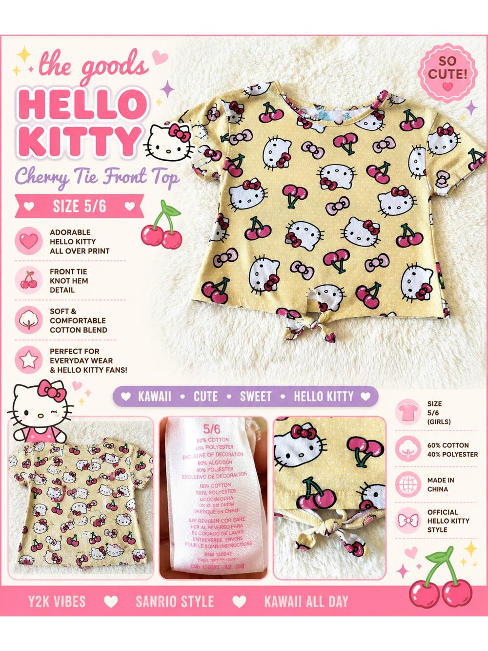 Hello Kitty Cherries Front Tie Top Girls Size 5 6 Sanrio Graphic Tee